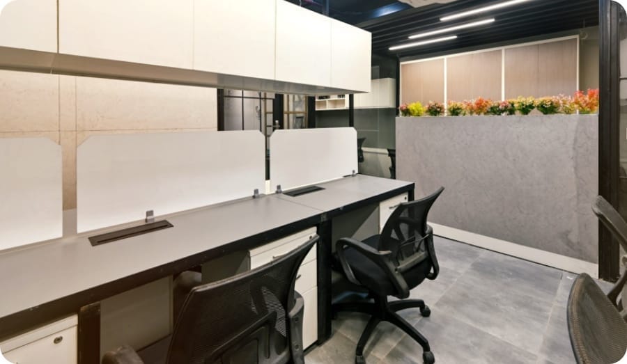 desks, chairs and partitions on the desks