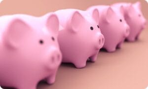 four pink piggy banks lined up side by side