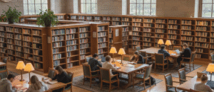 inside of a public library with people studying in a quiet and warm ambiance and bookshelves, next to the study area, full of books