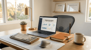 a home office desk with a laptop displaying financial charts, a leather bound planner and a ceramic coffee mug.